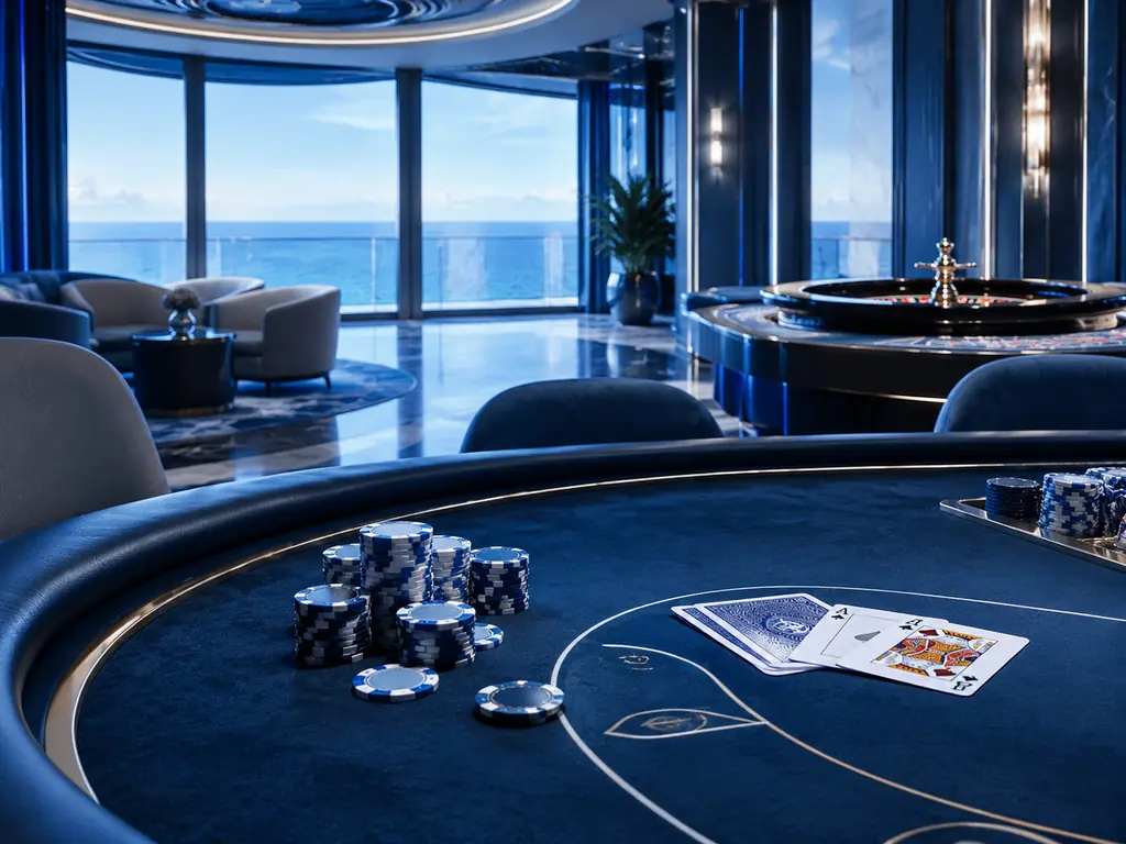 Ruang casino tenang dengan meja kartu dan roulette