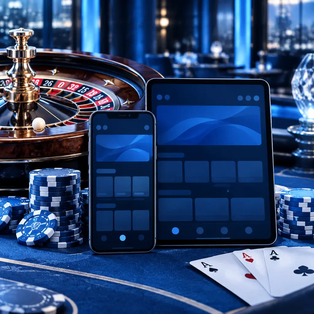 Ponsel dan tablet di samping meja roulette casino