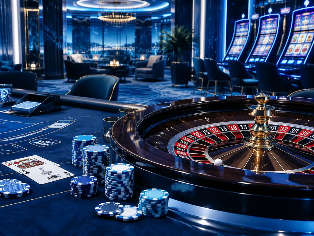 Meja roulette, kartu, dan kabinet slot dalam casino