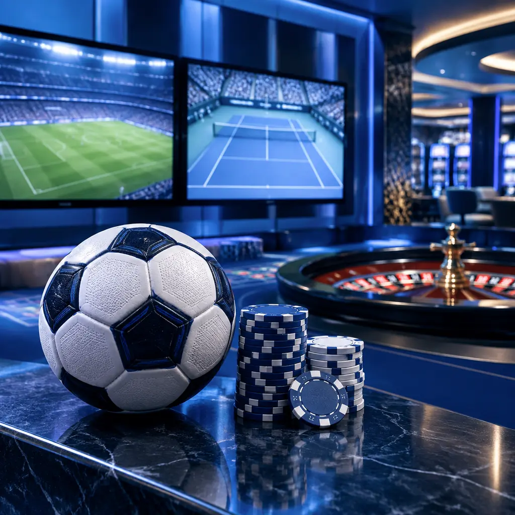 Layar pertandingan dan bola di sudut sportsbook casino